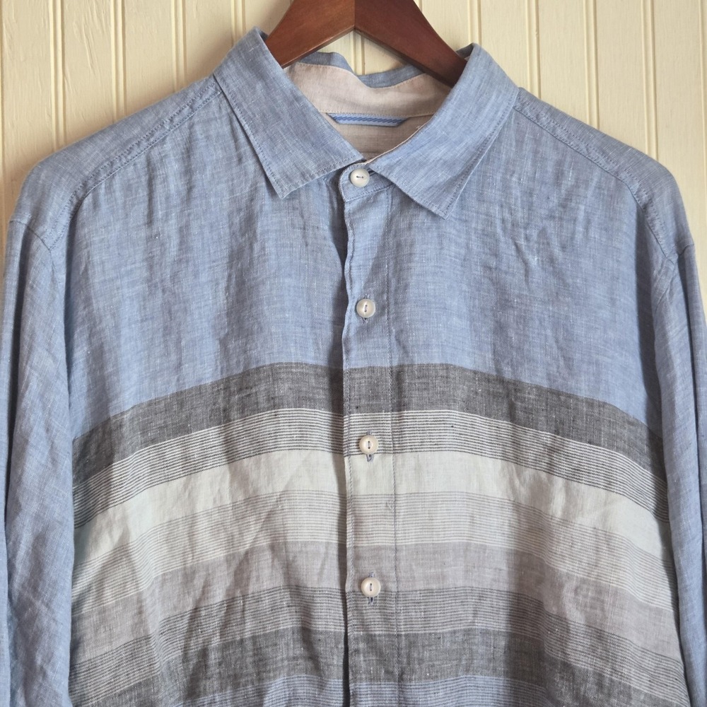 Tommy Bahama Shirt Mens Large Blue Stripe Long Sleeve Linen Button Up Beach